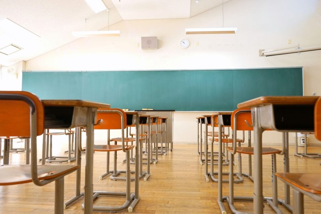 A clean and tidy elementary school classroom in Japan after students have finished cleaning