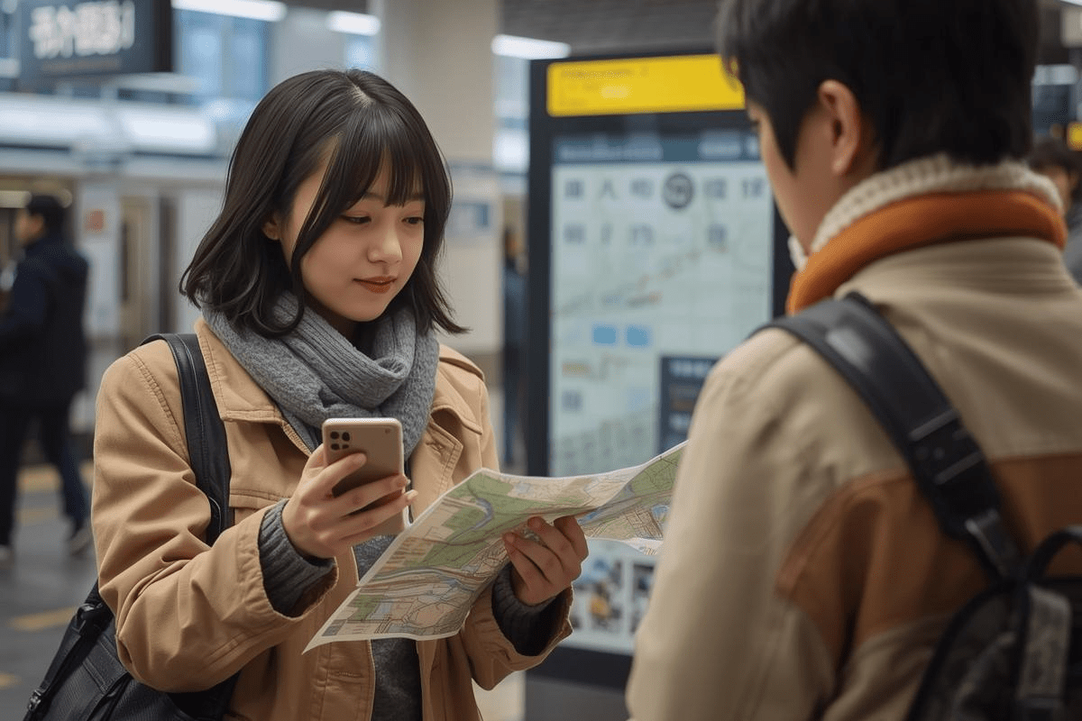 A Japanese woman helping a foreign traveler with directions at a train station in Japan
