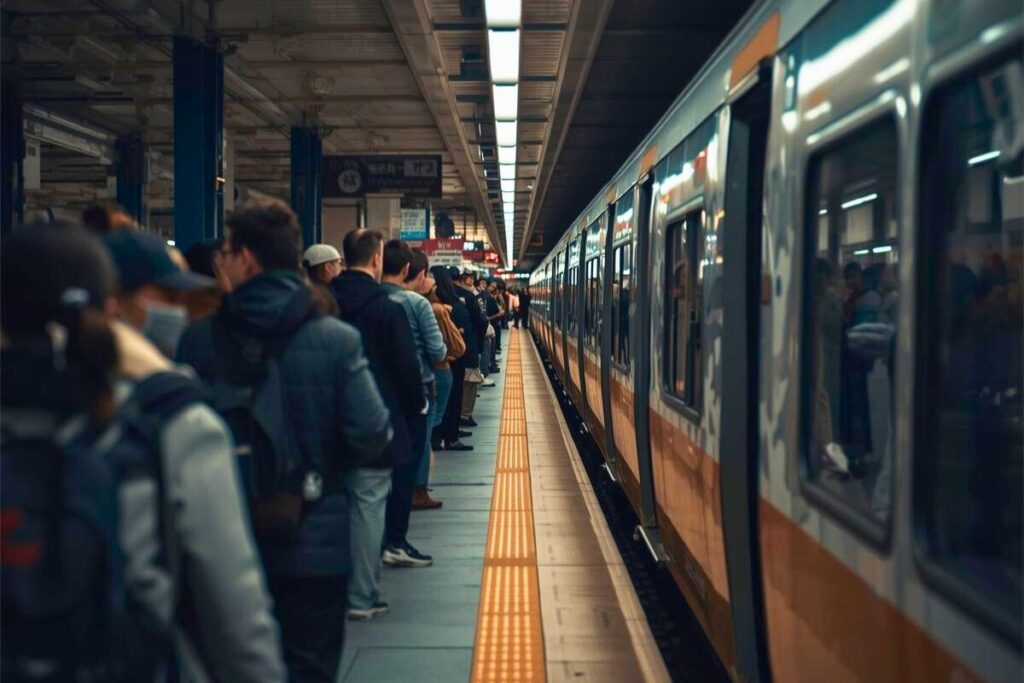 People quietly waiting on a train platform in Japan