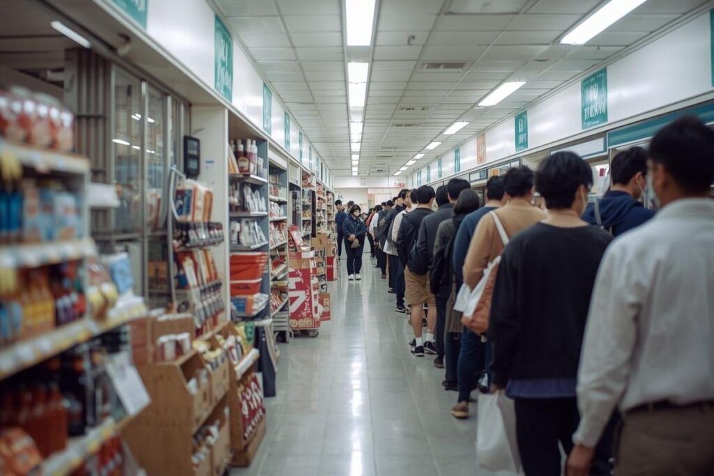 A calm and orderly line at a convenience store in Japan