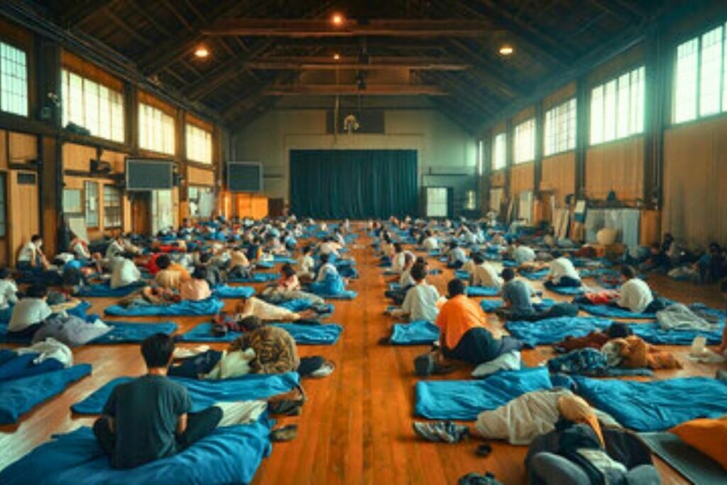 Calm and organized evacuation shelter in Japan after a disaster
