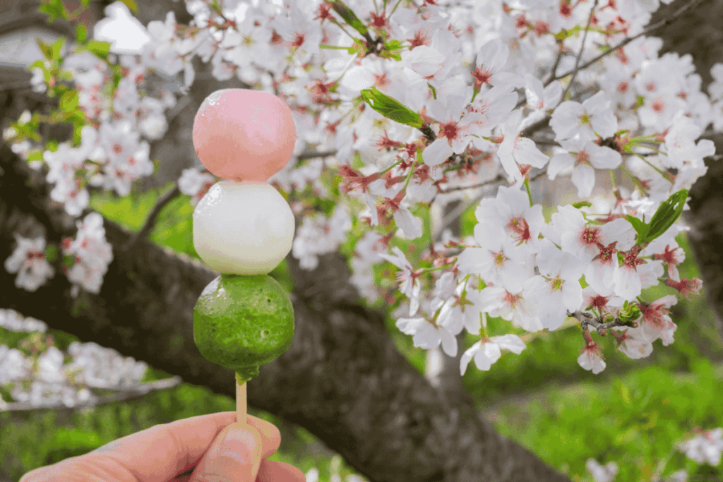 Hanami dango, traditional Japanese tri-colored rice dumplings representing the seasons of spring in Japan