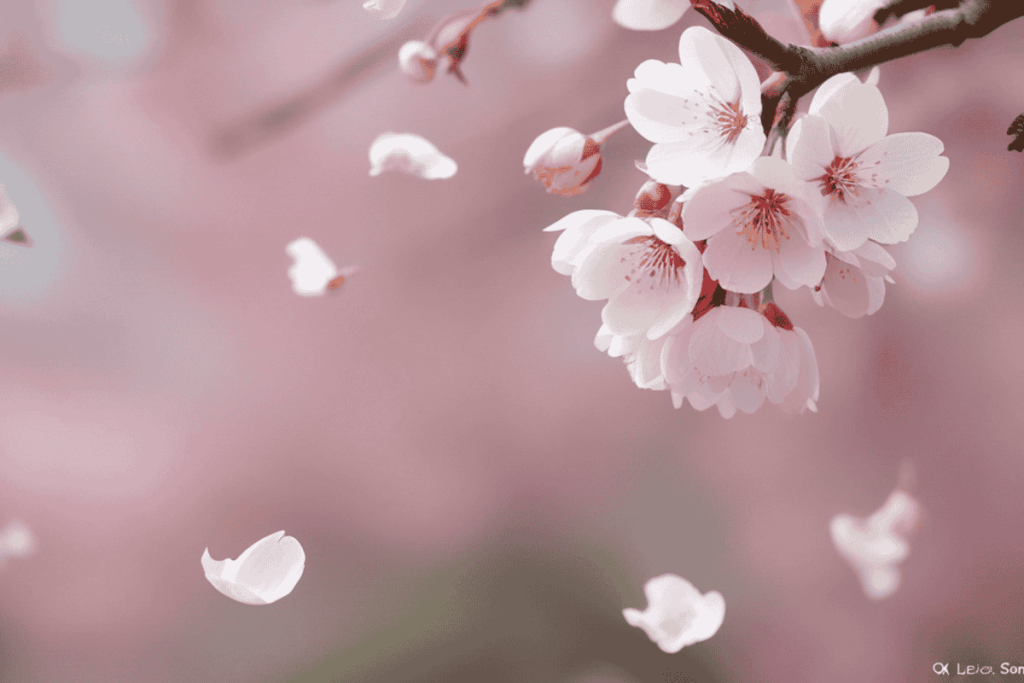 Cherry blossom petals gently falling in spring, symbolizing the fleeting beauty of the season in Japan