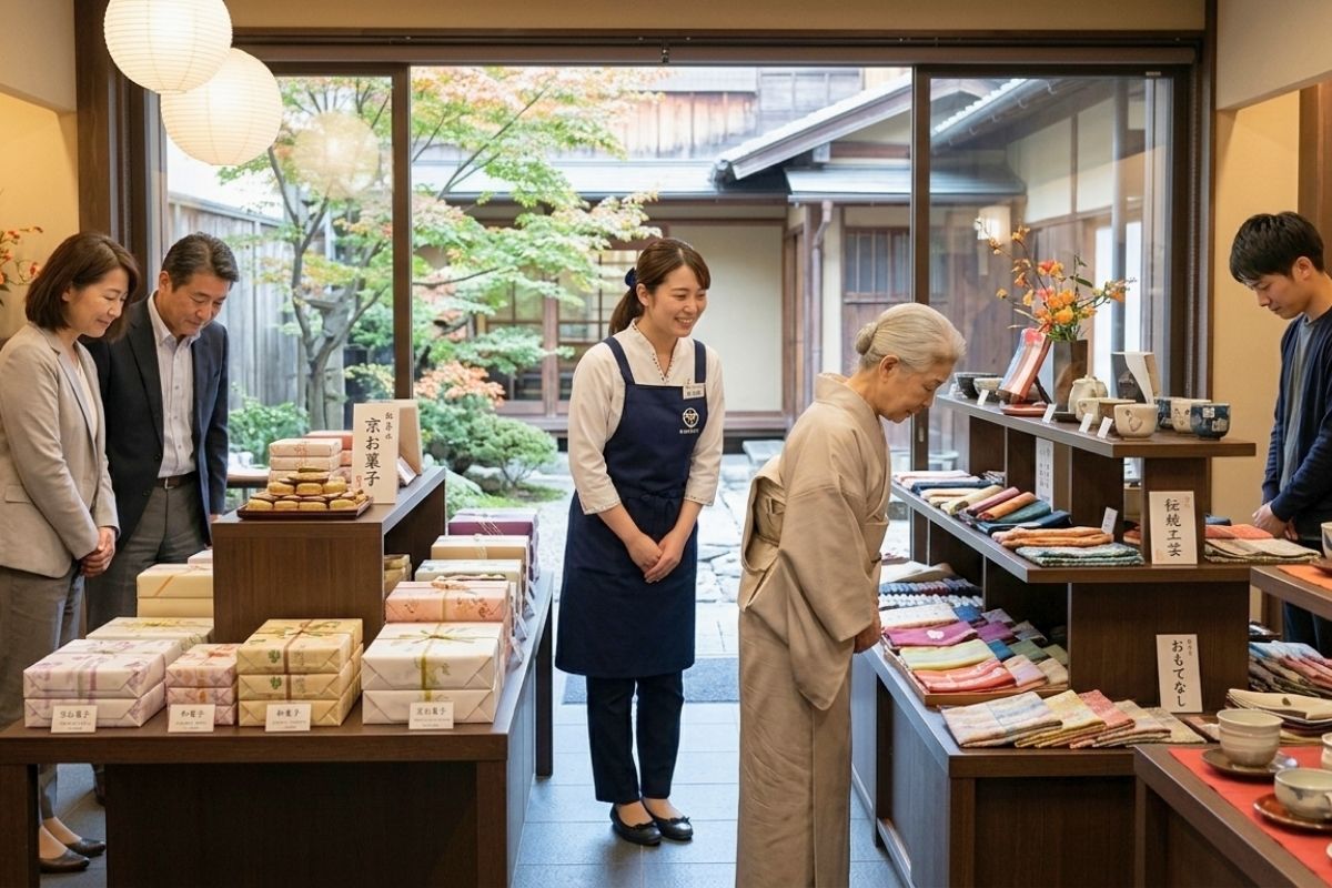 A polite Japanese shop staff member smiling warmly at a customer, organized shop. some customers gives a small, respectful nod while browsing. The atmosphere is calm and respectful, illustrating the "Silent Dance" of