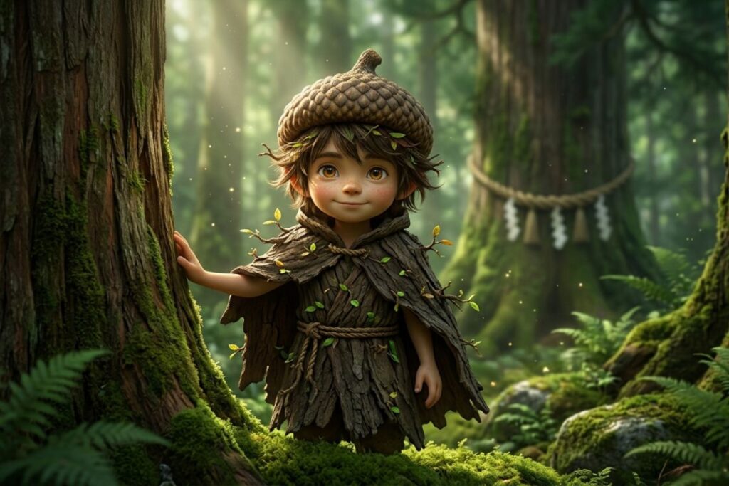 The voice sounded like the dry rustle of autumn leaves. Ren spun around to find a small figure. It was a boy, yet he looked like he had stepped out of the earth itself. He wore clothes textured like ancient tree bark and a cap made from a giant acorn.