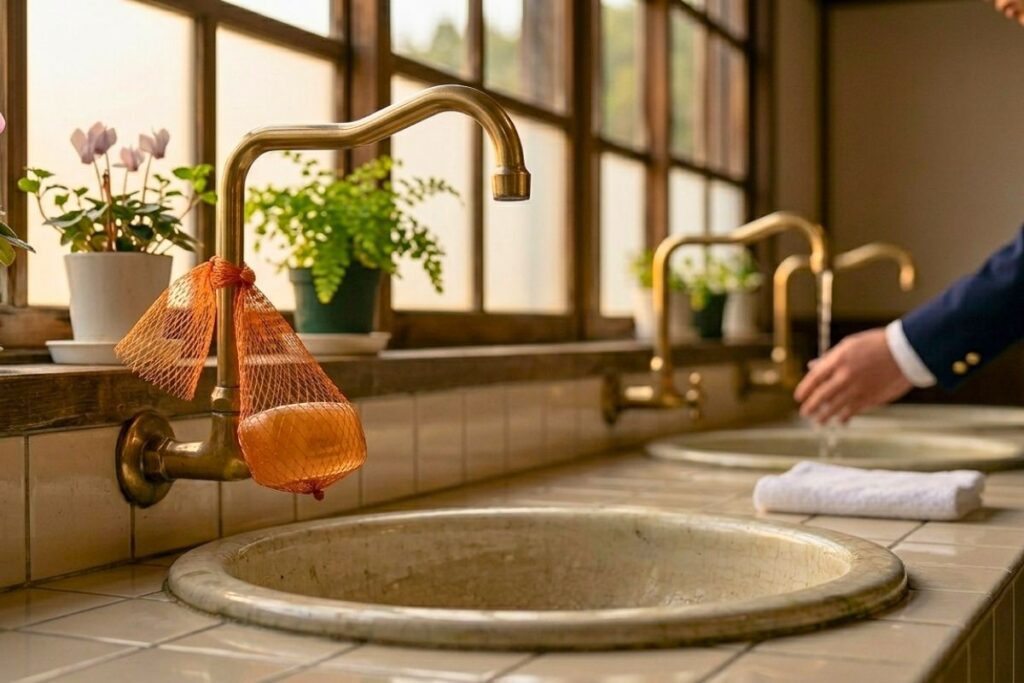 In old Japanese schools, you would often see a bar of soap hanging from the outdoor taps, tucked inside a small plastic mesh net (the kind used for oranges in the Showa era).