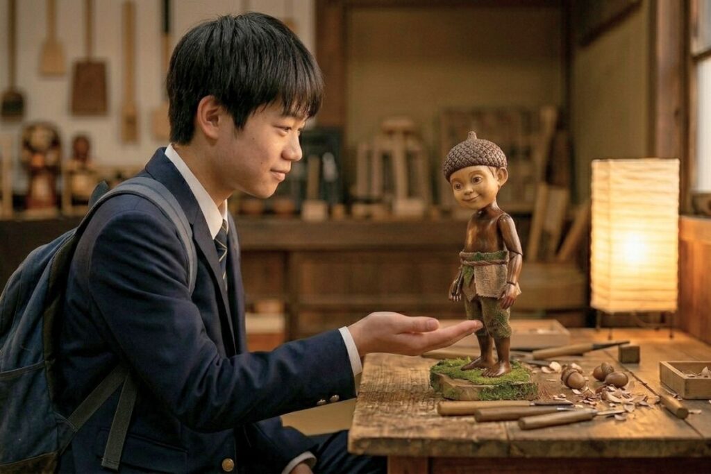 Ren in school uniform holds a 15cm carved wooden Morinoko with an acorn cap in his hand in a workshop