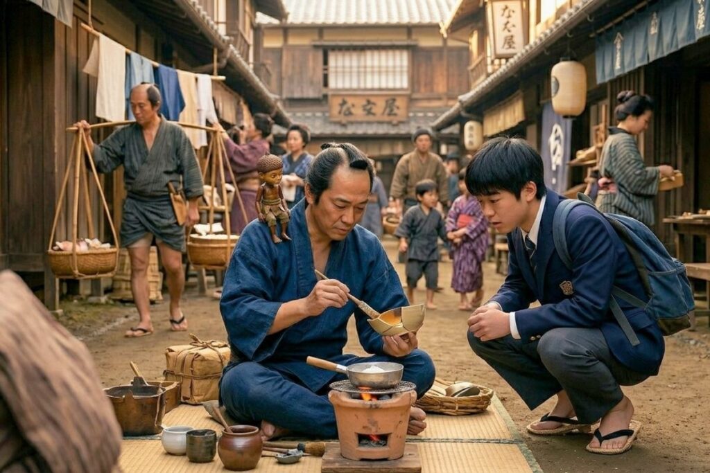 He was a Yakisugi-ya, a mender of ceramics. Ren watched as he meticulously joined broken shards using a paste of rice flour and lead, heating it with a small bellows to fuse the pieces back together.