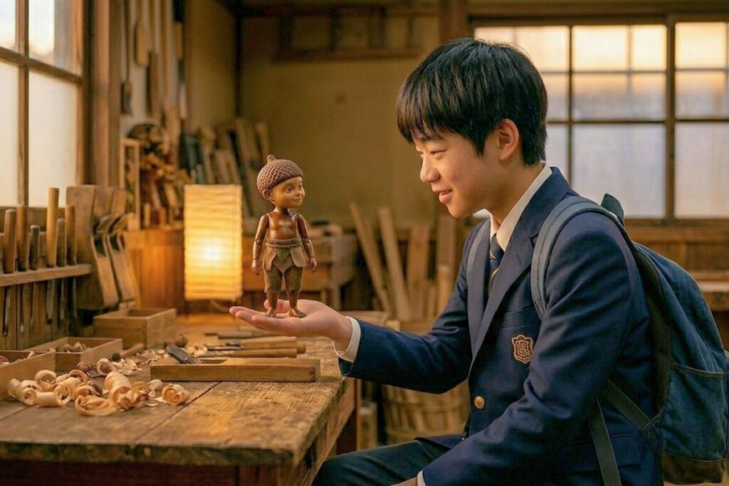 Ren in school uniform holds a 15cm wooden Morinoko with an acorn cap in his hand in a workshop