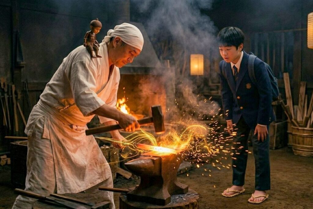 Ren in school uniform holds a 15cm wooden Morinoko with an acorn cap in his hand in a workshop