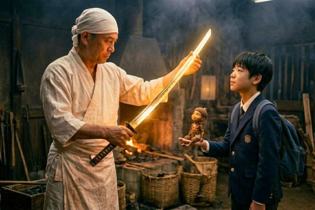 Ren in school uniform holds a 15cm wooden Morinoko with an acorn cap in his hand in a workshop