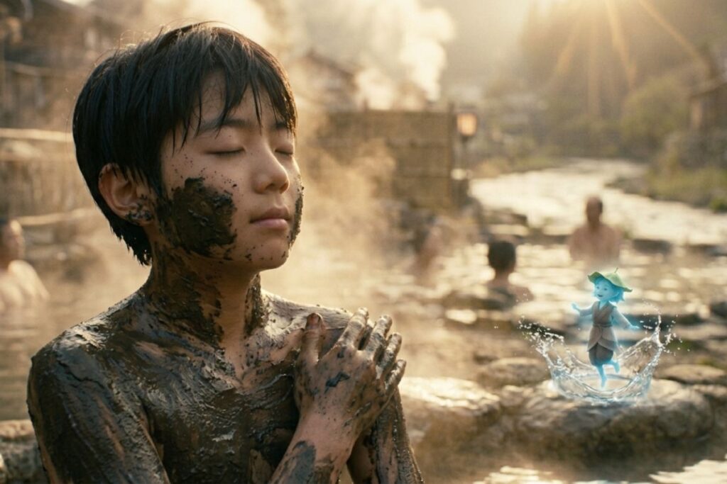 Japanese boys are healed by applying mineral-rich mud to their bodies in hot springs